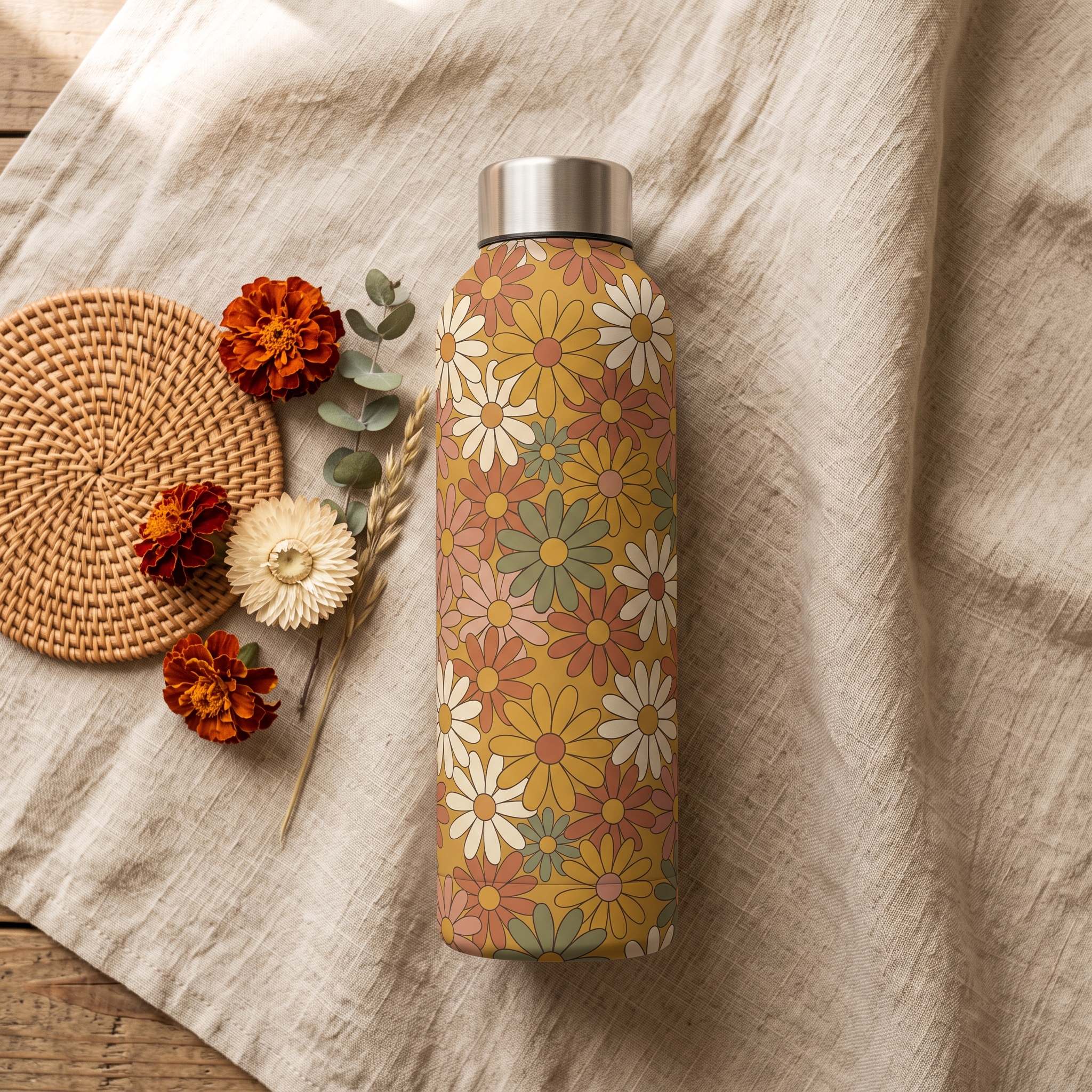 A real Etsy-listing-style example of a patterned water bottle: a seamless repeating design wrapped fully around a bottle.