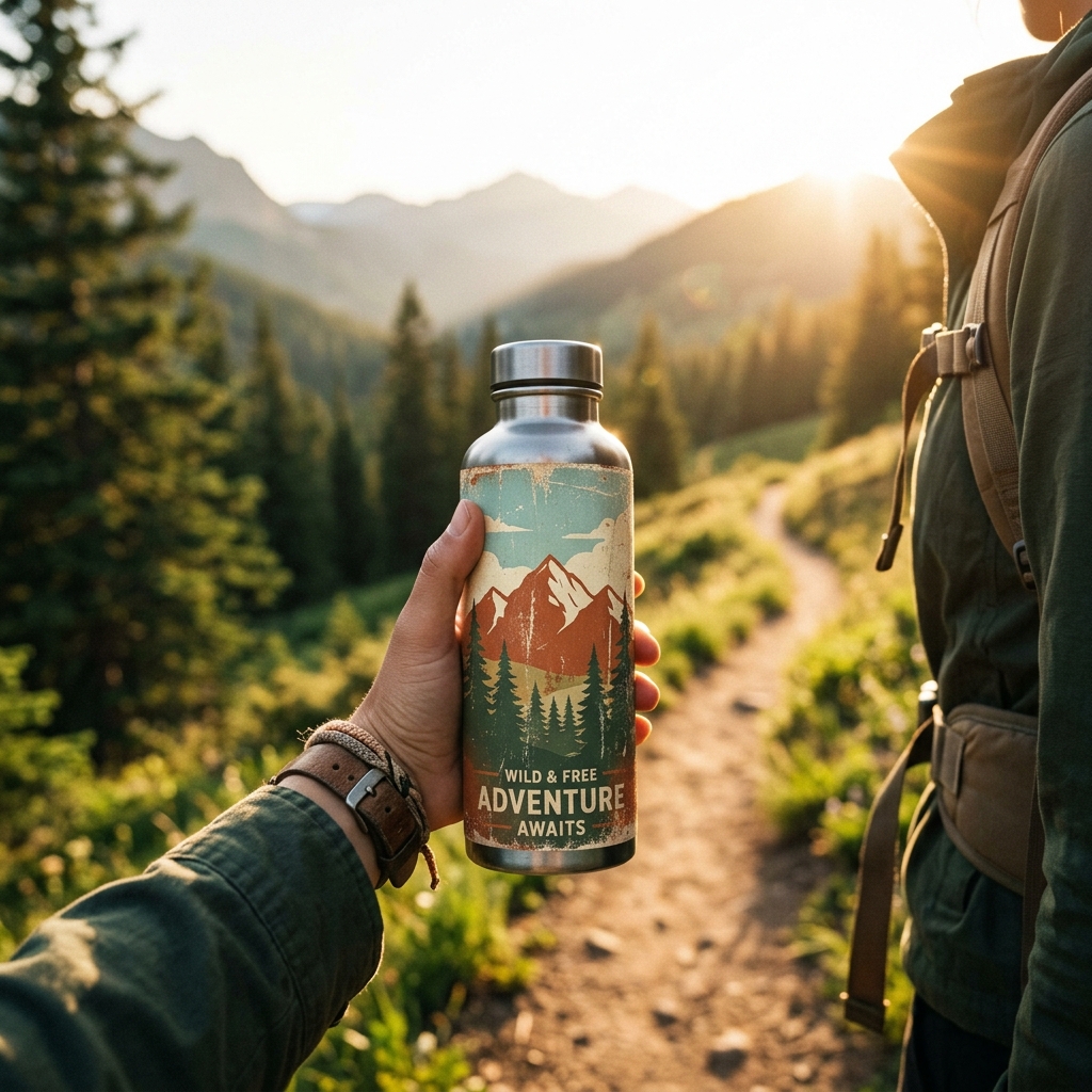 A real Etsy-listing-style example of a nature water bottle: an illustrated mountain-and-forest scene wrapped around a bottle held on a trail.