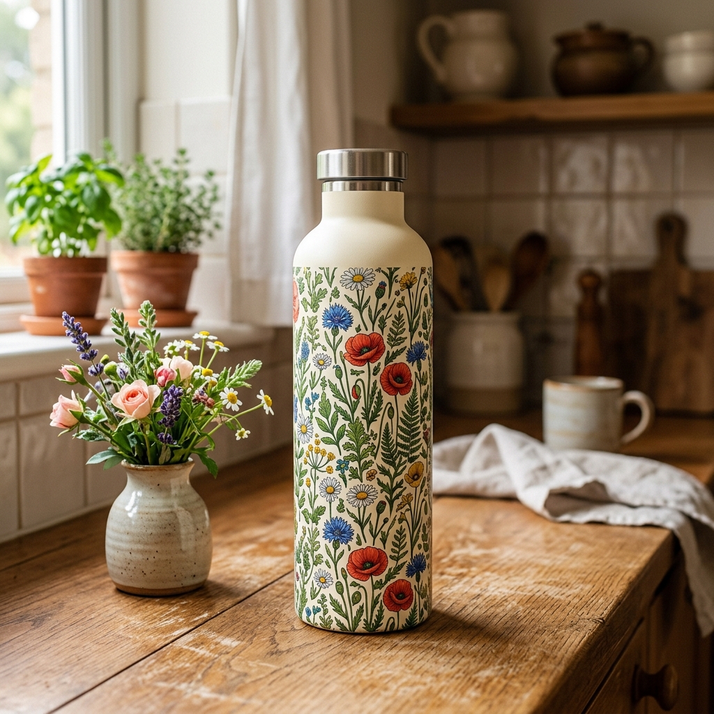 A real Etsy-listing-style example of a floral water bottle: a designed botanical wrap, no name, held in soft light.
