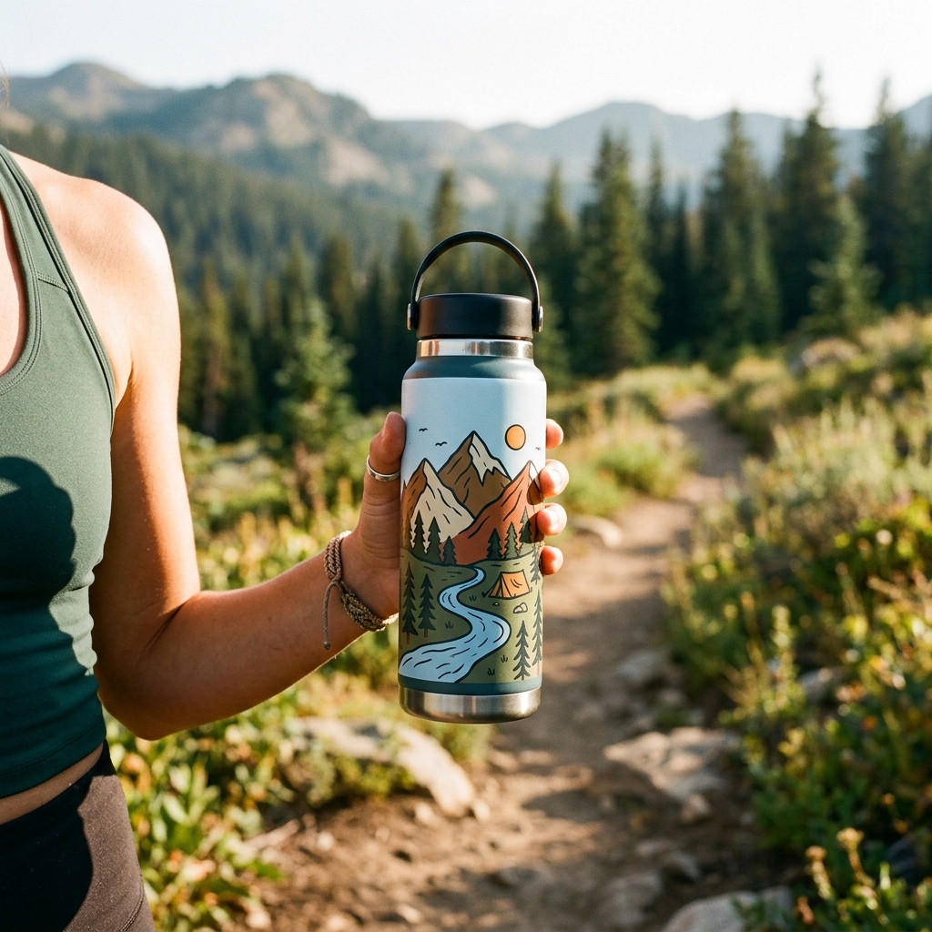 A real Etsy-listing-style held-in-hand water bottle photo: a designed bottle held on a sunlit trail with a blurred outdoor background. Held and lifestyle shots win; a bare bottle on white and a color-swatch grid do not.