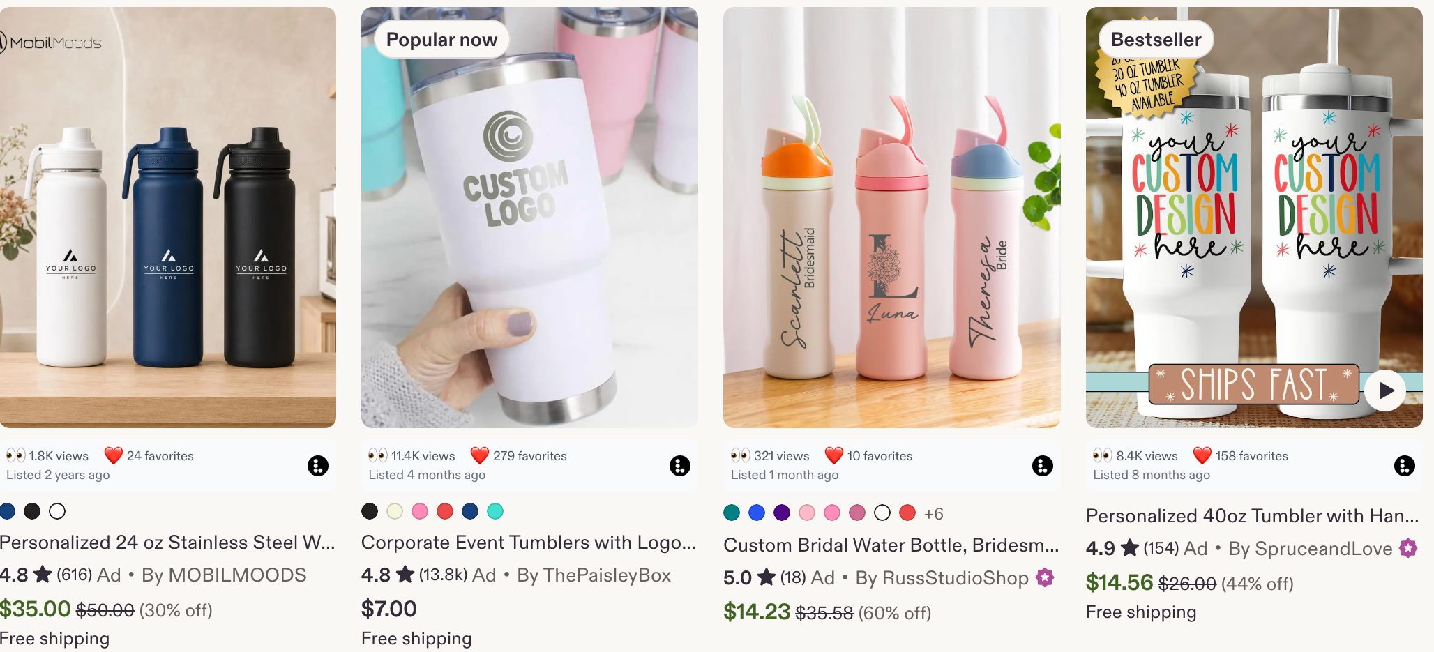A row of Etsy water bottle listings with the Listadum browser extension showing views and favorites on each card.