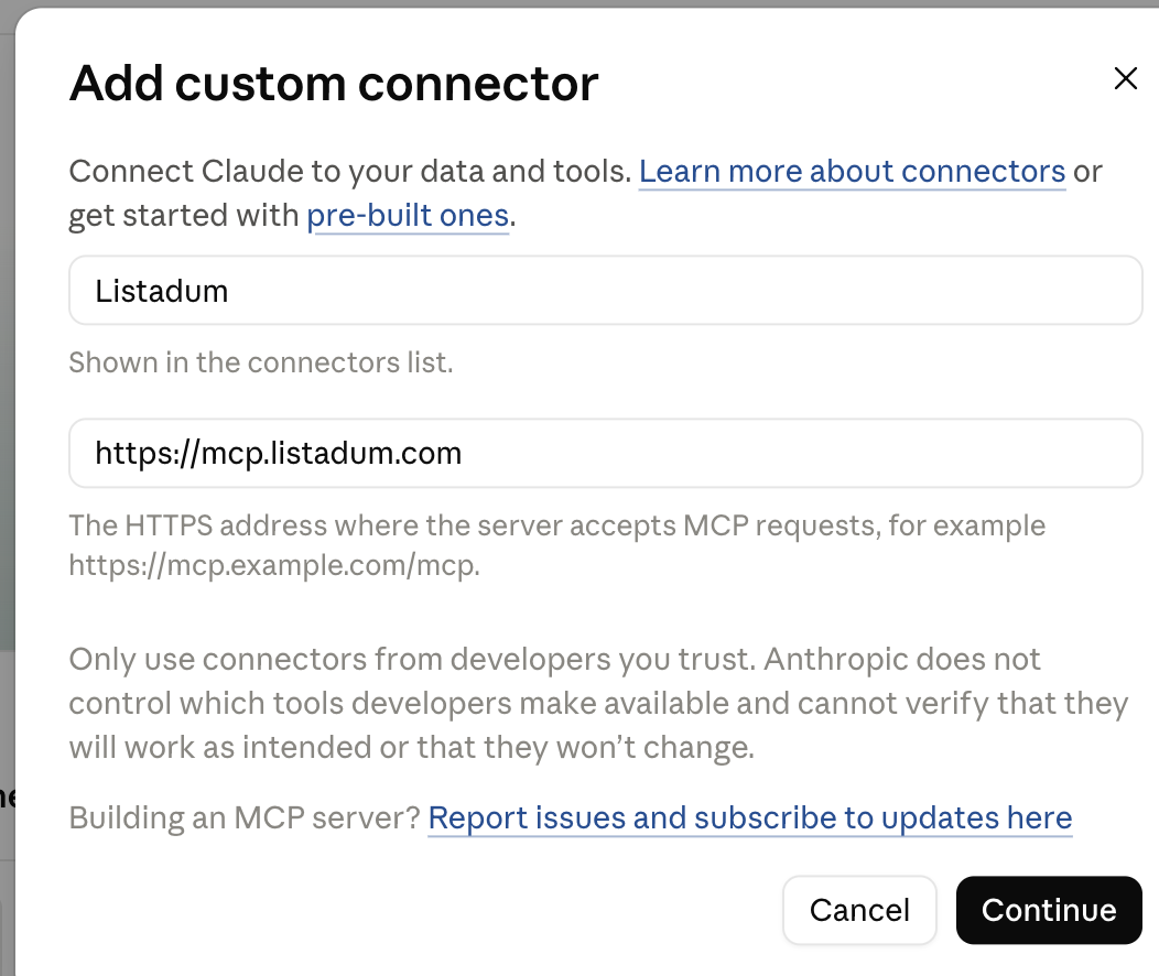 Claude's Add custom connector screen with the name Listadum and the URL https://mcp.listadum.com filled in