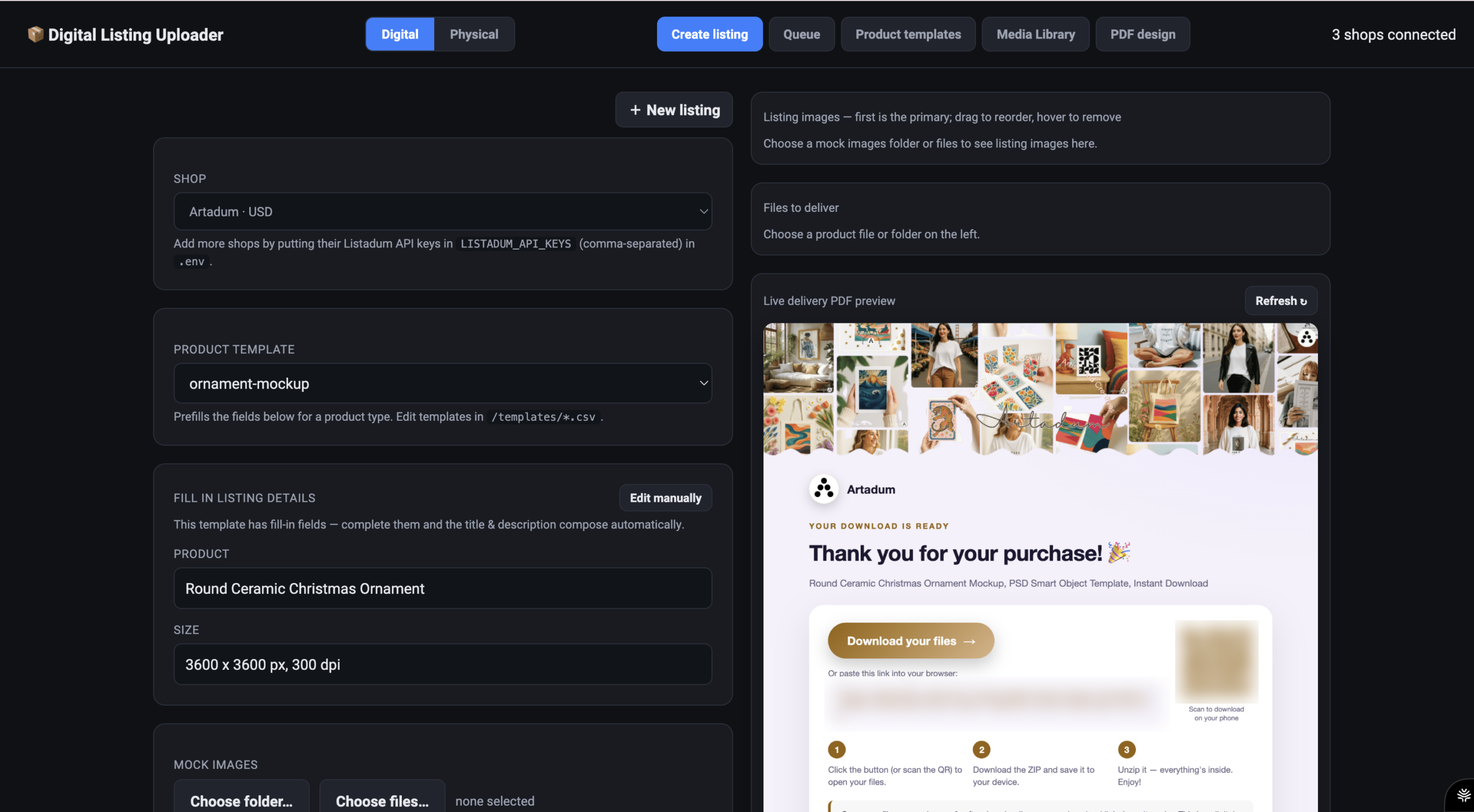 My listing uploader built on the Listadum API: pick a shop and a product template, fill in a few fields, add mockups and files, and preview the buyer's download PDF