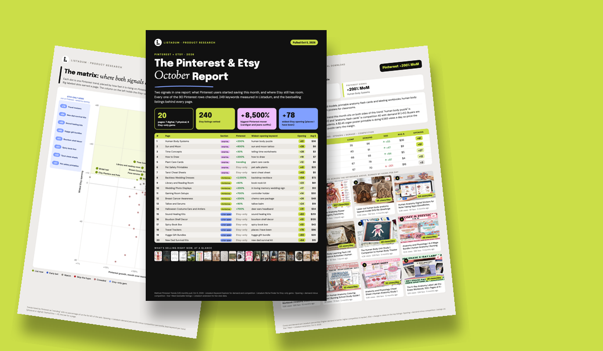Preview of the free 34-page October 2026 Pinterest and Etsy trends report: the cover, the matrix and a trend page